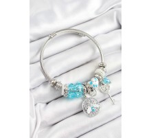 316L Çelik Mavi Zirkon Taşlı Baykuş Arı Ve Anahtar Model Gümüş Renk Charm Bileklik - TJ-BB7259