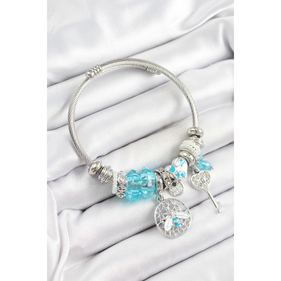 316L Çelik Mavi Zirkon Taşlı Baykuş Arı Ve Anahtar Model Gümüş Renk Charm Bileklik - TJ-BB7259