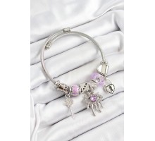 316L Çelik Mor Zirkon Taşlı Göz Kilit Ve Anahtar Model Gümüş Renk Charm Bileklik - TJ-BB7260