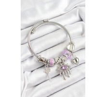 316L Çelik Mor Zirkon Taşlı Göz Kilit Ve Anahtar Model Gümüş Renk Charm Bileklik - TJ-BB7260