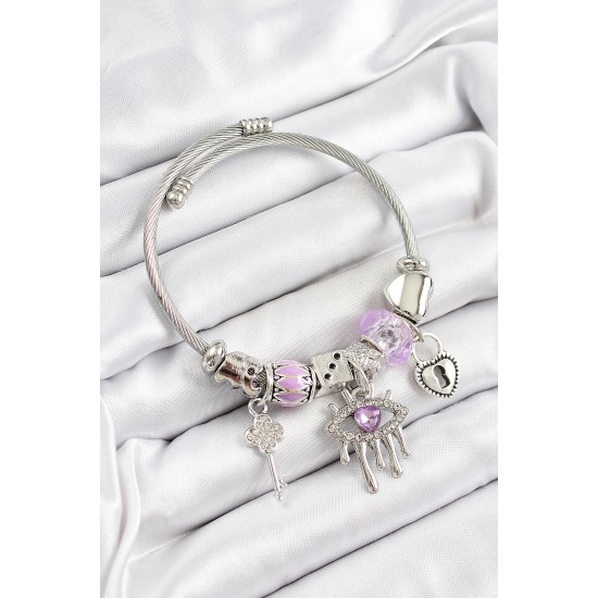 316L Çelik Mor Zirkon Taşlı Göz Kilit Ve Anahtar Model Gümüş Renk Charm Bileklik - TJ-BB7260