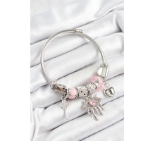 316L Çelik Pembe Zirkon Taşlı Göz Kilit Ve Anahtar Model Gümüş Renk Charm Bileklik - TJ-BB7261