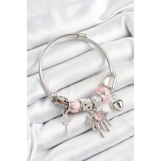 316L Çelik Pembe Zirkon Taşlı Göz Kilit Ve Anahtar Model Gümüş Renk Charm Bileklik - TJ-BB7261