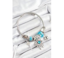 316L Çelik Mavi Zirkon Taşlı Göz Kilit Ve Anahtar Model Gümüş Renk Charm Bileklik - TJ-BB7262