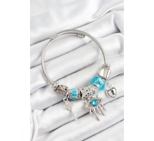 316L Çelik Mavi Zirkon Taşlı Göz Kilit Ve Anahtar Model Gümüş Renk Charm Bileklik - TJ-BB7262