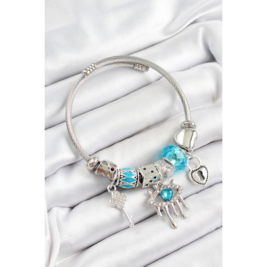 316L Çelik Mavi Zirkon Taşlı Göz Kilit Ve Anahtar Model Gümüş Renk Charm Bileklik - TJ-BB7262