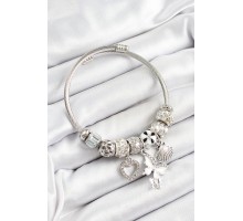 316L Çelik Beyaz Zirkon Taşlı Kalp Kelebek Ve İstiridye Model Gümüş Renk Charm Bileklik - TJ-BB7263