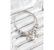 316L Çelik Beyaz Zirkon Taşlı Kalp Kelebek Ve İstiridye Model Gümüş Renk Charm Bileklik - TJ-BB7263