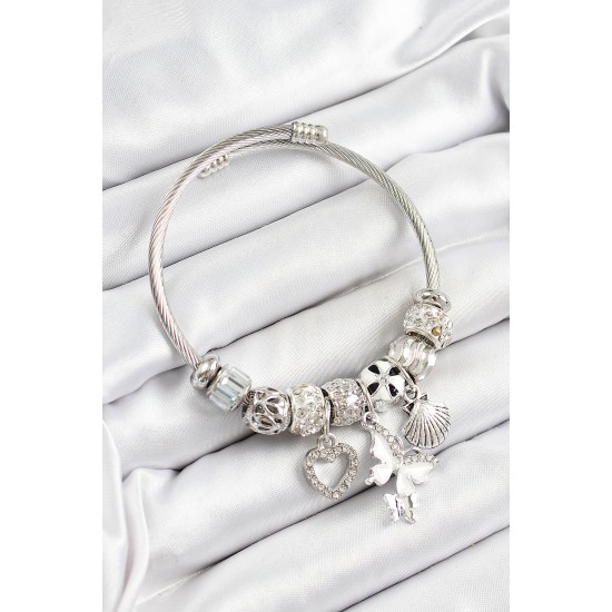 316L Çelik Beyaz Zirkon Taşlı Kalp Kelebek Ve İstiridye Model Gümüş Renk Charm Bileklik - TJ-BB7263