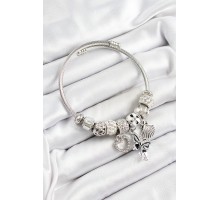 316L Çelik Siyah Zirkon Taşlı Kalp Kelebek Ve İstiridye Model Gümüş Renk Charm Bileklik - TJ-BB7264