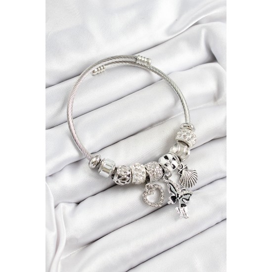 316L Çelik Siyah Zirkon Taşlı Kalp Kelebek Ve İstiridye Model Gümüş Renk Charm Bileklik - TJ-BB7264