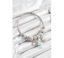 316L Çelik Mavi Zirkon Taşlı Kalp Kelebek Ve İstiridye Model Gümüş Renk Charm Bileklik - TJ-BB7265