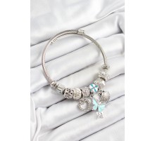 316L Çelik Mavi Zirkon Taşlı Kalp Kelebek Ve İstiridye Model Gümüş Renk Charm Bileklik - TJ-BB7265