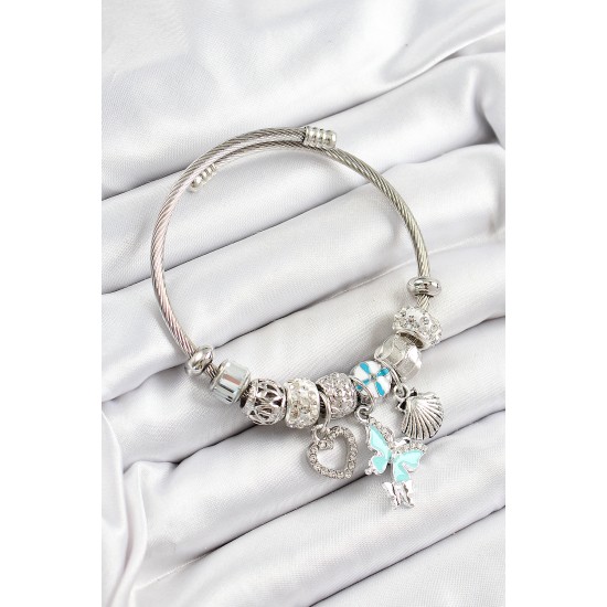 316L Çelik Mavi Zirkon Taşlı Kalp Kelebek Ve İstiridye Model Gümüş Renk Charm Bileklik - TJ-BB7265