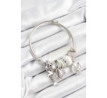 316L Çelik Beyaz Zirkon Taşlı Balık Deniz Kabuğu Ve Deniz Yıldızı Model Gümüş Renk Charm Bileklik - TJ-BB7266