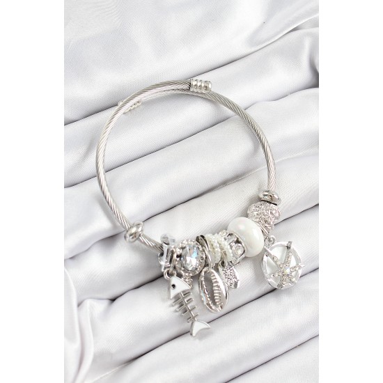 316L Çelik Beyaz Zirkon Taşlı Balık Deniz Kabuğu Ve Deniz Yıldızı Model Gümüş Renk Charm Bileklik - TJ-BB7266