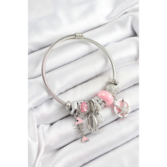 316L Çelik Pembe Zirkon Taşlı Balık Deniz Kabuğu Ve Deniz Yıldızı Model Gümüş Renk Charm Bileklik - TJ-BB7267