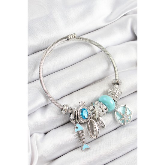 316L Çelik Mavi Zirkon Taşlı Balık Deniz Kabuğu Ve Deniz Yıldızı Model Gümüş Renk Charm Bileklik - TJ-BB7268
