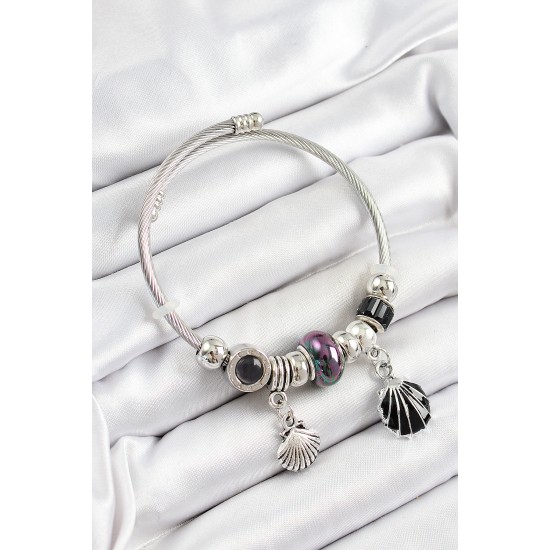 316L Çelik Siyah İstiridye Model Gümüş Renk Charm Bileklik - TJ-BB7269