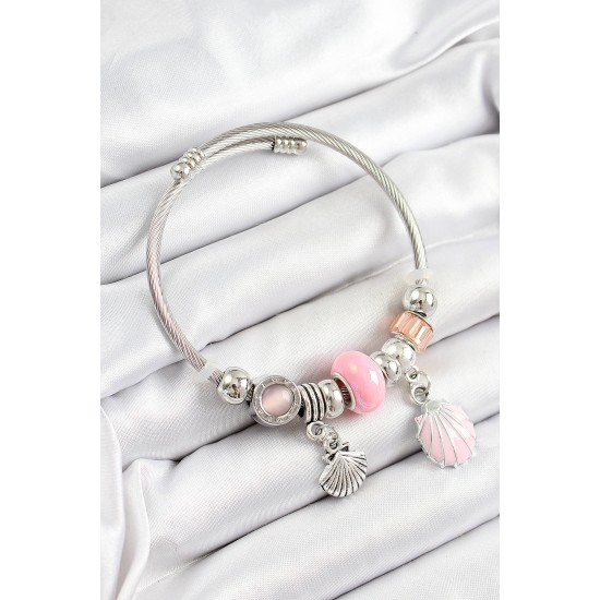 316L Çelik Pembe İstiridye Model Gümüş Renk Charm Bileklik - TJ-BB7270