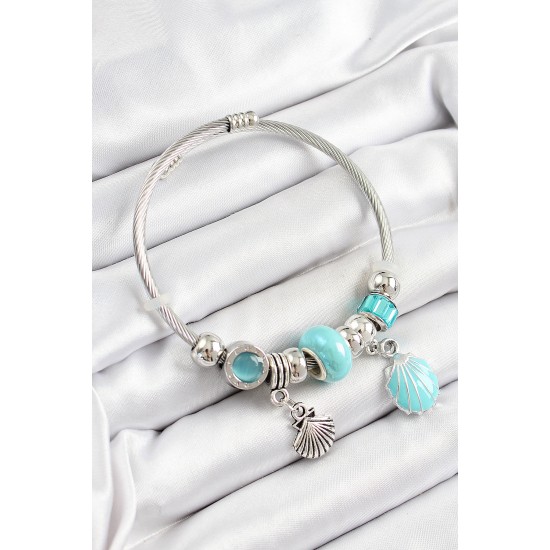 316L Çelik Mavi İstiridye Model Gümüş Renk Charm Bileklik - TJ-BB7271