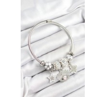 316L Çelik Beyaz Zirkon Taşlı Yıldız Göz Ve Yonca Model Gümüş Renk Charm Bileklik - TJ-BB7272