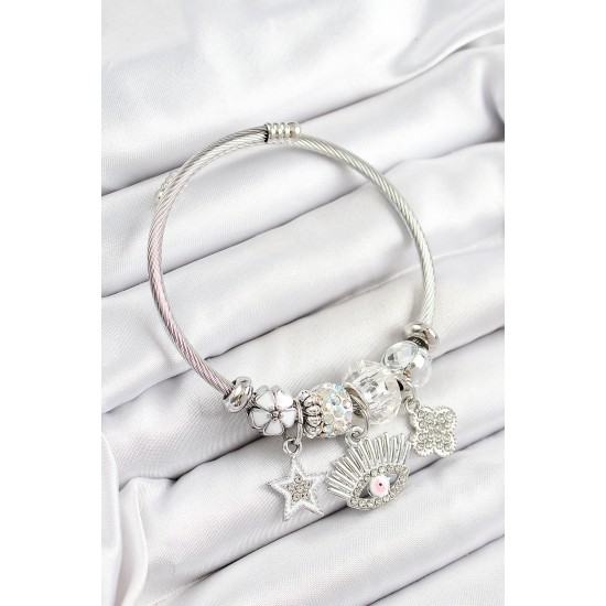 316L Çelik Beyaz Zirkon Taşlı Yıldız Göz Ve Yonca Model Gümüş Renk Charm Bileklik - TJ-BB7272