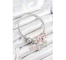 316L Çelik Pembe Zirkon Taşlı Yıldız Göz Ve Yonca Model Gümüş Renk Charm Bileklik - TJ-BB7273