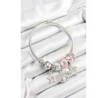 316L Çelik Pembe Zirkon Taşlı Yıldız Göz Ve Yonca Model Gümüş Renk Charm Bileklik - TJ-BB7273