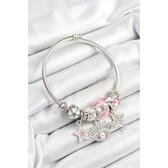 316L Çelik Pembe Zirkon Taşlı Yıldız Göz Ve Yonca Model Gümüş Renk Charm Bileklik - TJ-BB7273