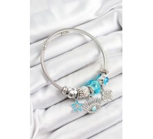 316L Çelik Mavi Zirkon Taşlı Yıldız Göz Ve Yonca Model Gümüş Renk Charm Bileklik - TJ-BB7274