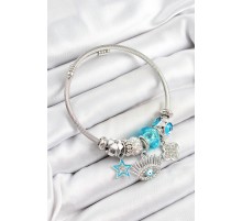 316L Çelik Mavi Zirkon Taşlı Yıldız Göz Ve Yonca Model Gümüş Renk Charm Bileklik - TJ-BB7274
