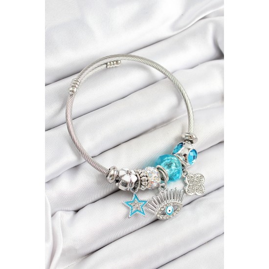 316L Çelik Mavi Zirkon Taşlı Yıldız Göz Ve Yonca Model Gümüş Renk Charm Bileklik - TJ-BB7274