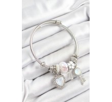 316L Çelik Beyaz Zirkon Taşlı Yıldız Anahtar Ve Kalp Model Gümüş Renk Charm Bileklik - TJ-BB7275