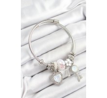 316L Çelik Beyaz Zirkon Taşlı Yıldız Anahtar Ve Kalp Model Gümüş Renk Charm Bileklik - TJ-BB7275