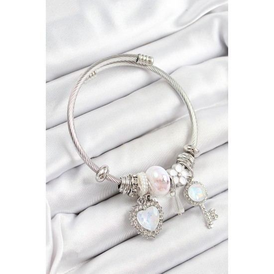 316L Çelik Beyaz Zirkon Taşlı Yıldız Anahtar Ve Kalp Model Gümüş Renk Charm Bileklik - TJ-BB7275