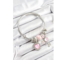316L Çelik Pembe Zirkon Taşlı Yıldız Anahtar Ve Kalp Model Gümüş Renk Charm Bileklik - TJ-BB7276