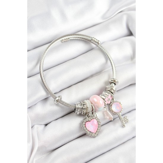 316L Çelik Pembe Zirkon Taşlı Yıldız Anahtar Ve Kalp Model Gümüş Renk Charm Bileklik - TJ-BB7276
