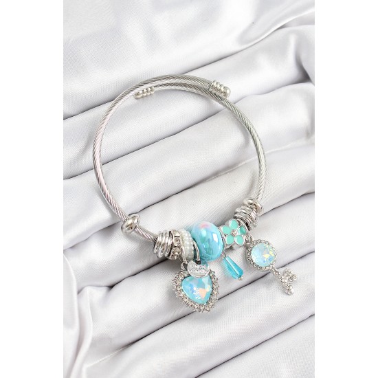 316L Çelik Mavi Zirkon Taşlı Yıldız Anahtar Ve Kalp Model Gümüş Renk Charm Bileklik - TJ-BB7277