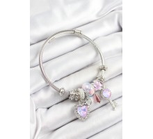 316L Çelik Pembe Zirkon Taşlı Yıldız Anahtar Ve Kalp Model Gümüş Renk Charm Bileklik - TJ-BB7278