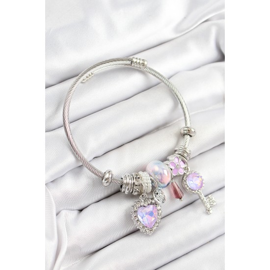 316L Çelik Pembe Zirkon Taşlı Yıldız Anahtar Ve Kalp Model Gümüş Renk Charm Bileklik - TJ-BB7278