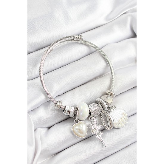 316L Çelik Beyaz Zirkon Taşlı Yıldız Melek İstiridye Ve Kalp Model Gümüş Renk Charm Bileklik - TJ-BB7279