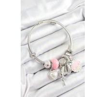 316L Çelik Pembe Zirkon Taşlı Yıldız Melek İstiridye Ve Kalp Model Gümüş Renk Charm Bileklik - TJ-BB7280