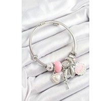 316L Çelik Pembe Zirkon Taşlı Yıldız Melek İstiridye Ve Kalp Model Gümüş Renk Charm Bileklik - TJ-BB7280