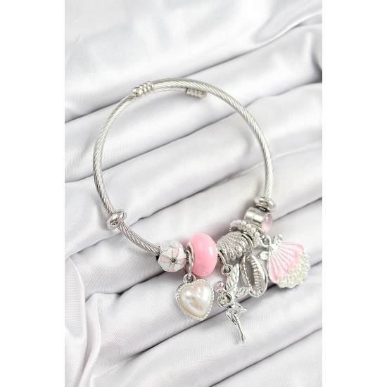 316L Çelik Pembe Zirkon Taşlı Yıldız Melek İstiridye Ve Kalp Model Gümüş Renk Charm Bileklik - TJ-BB7280