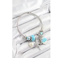 316L Çelik Mavi Zirkon Taşlı Yıldız Melek İstiridye Ve Kalp Model Gümüş Renk Charm Bileklik - TJ-BB7281