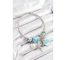 316L Çelik Mavi Zirkon Taşlı Yıldız Melek İstiridye Ve Kalp Model Gümüş Renk Charm Bileklik - TJ-BB7281