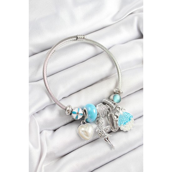 316L Çelik Mavi Zirkon Taşlı Yıldız Melek İstiridye Ve Kalp Model Gümüş Renk Charm Bileklik - TJ-BB7281