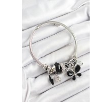 316L Çelik Siyah Zirkon Taşlı Yıldız Kelebek Model Gümüş Renk Charm Bileklik - TJ-BB7282