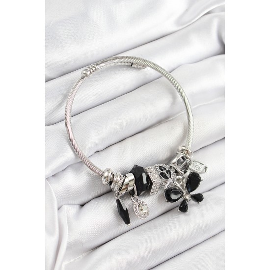 316L Çelik Siyah Zirkon Taşlı Yıldız Kelebek Model Gümüş Renk Charm Bileklik - TJ-BB7282